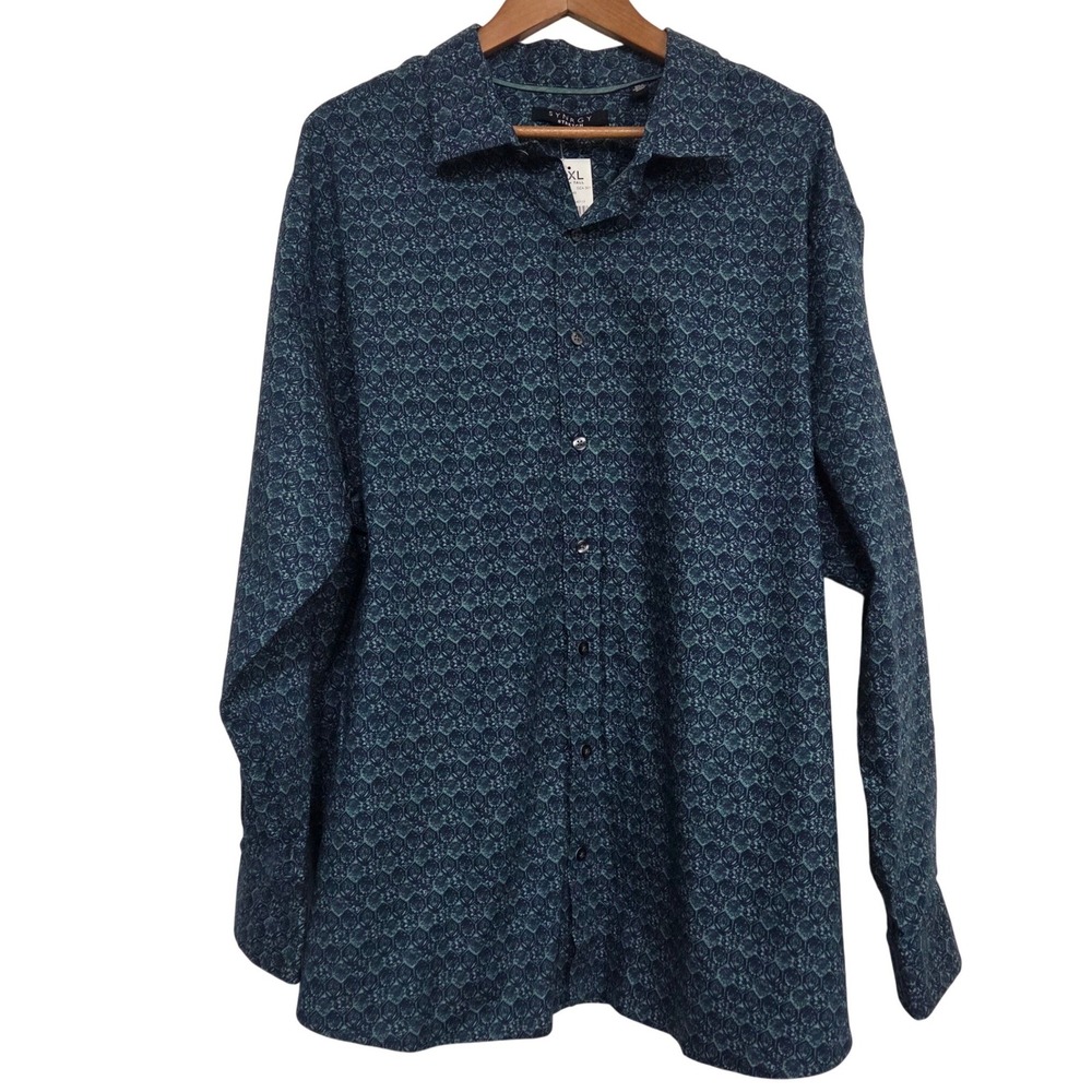 Synrgy Stretch DXL Big + Tall Mens 2XL Blue Geometric Button Down Shirt NWT